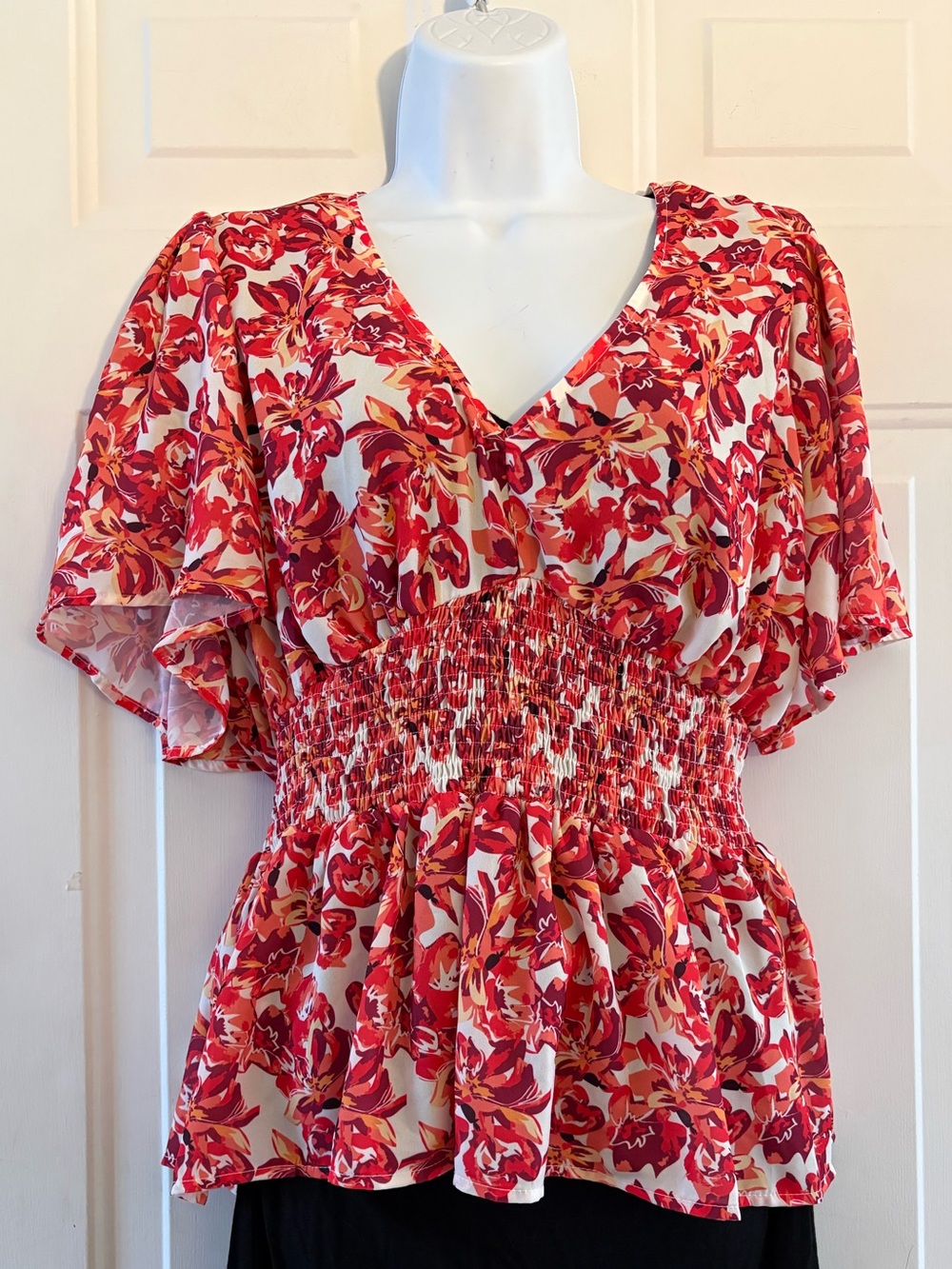 Flying Tomato Red Floral V-Neck Smocked Waist Blouse